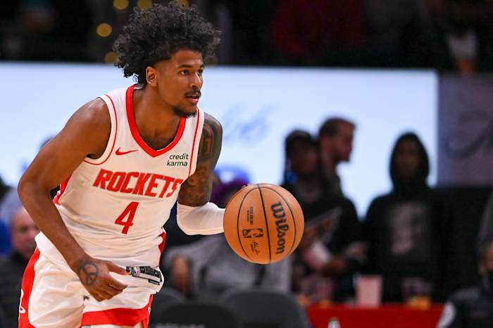 Rockets guard Jalen Green (4) dribbles up the court during the second half against the Washington Wizards at Capital One Arena.